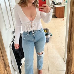 Forever 21 White Long Sleeve Tie Top